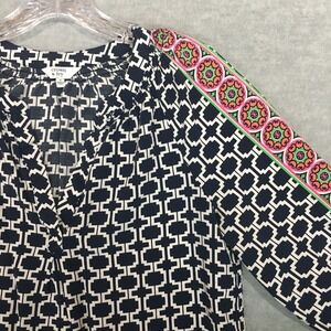 Crown & Ivy Small V-Neck 3/4 Sleeve Blouse Navy Blue Geometric Contrast Colorful